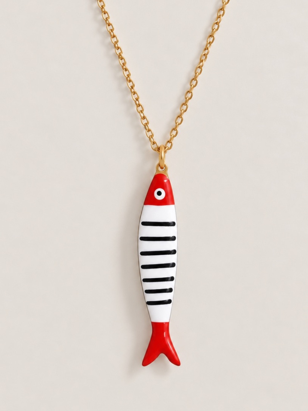 New! 18K Gold Plated Red Black Striped Fish Sardine Necklace NWOT